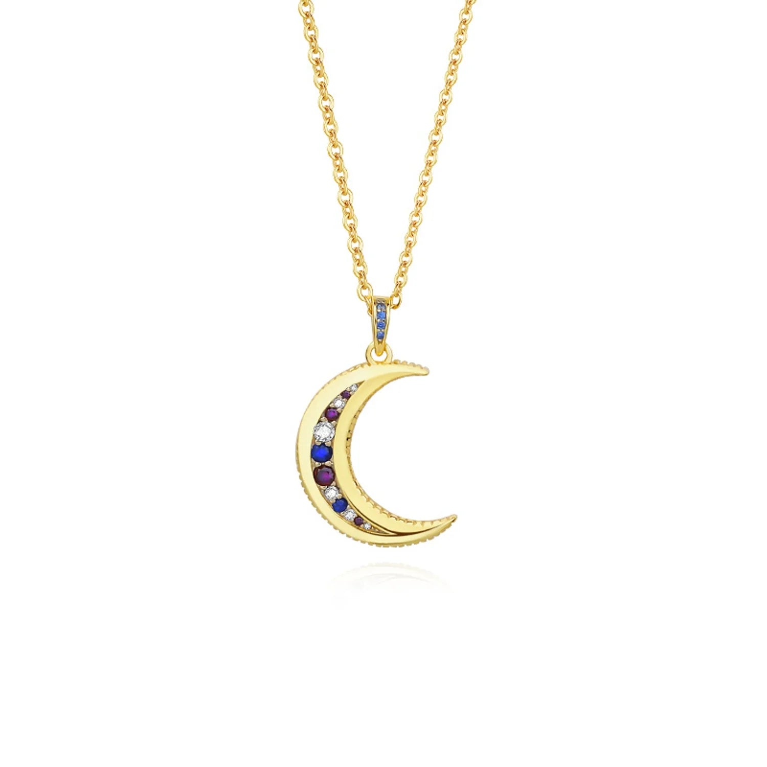 Collier doré avec pendentif lune et pierres colorées monté sur chaîne fine. Idée cadeau femme.